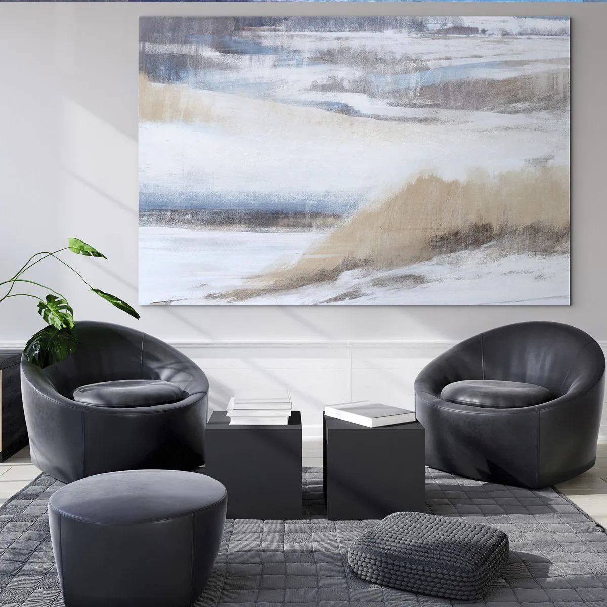 Glasbild - Bild auf glas - Eine zarte Abstraktion in kühlen Beige- und Blautönen. - 100x70cm - Winterkomposition - Moderne Wanddekoration für Wohnzimmer und Schlafzimmer ARTTOR