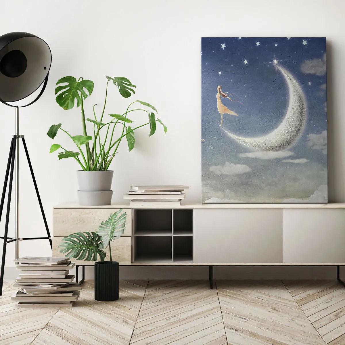 Bild auf Leinwand - Leinwandbild - Eine Frau im Mond, umgeben von Sternen und Wolken - 70x100cm - Blauer Freier - Moderne Wanddekoration für Wohnzimmer und Schlafzimmer ARTTOR