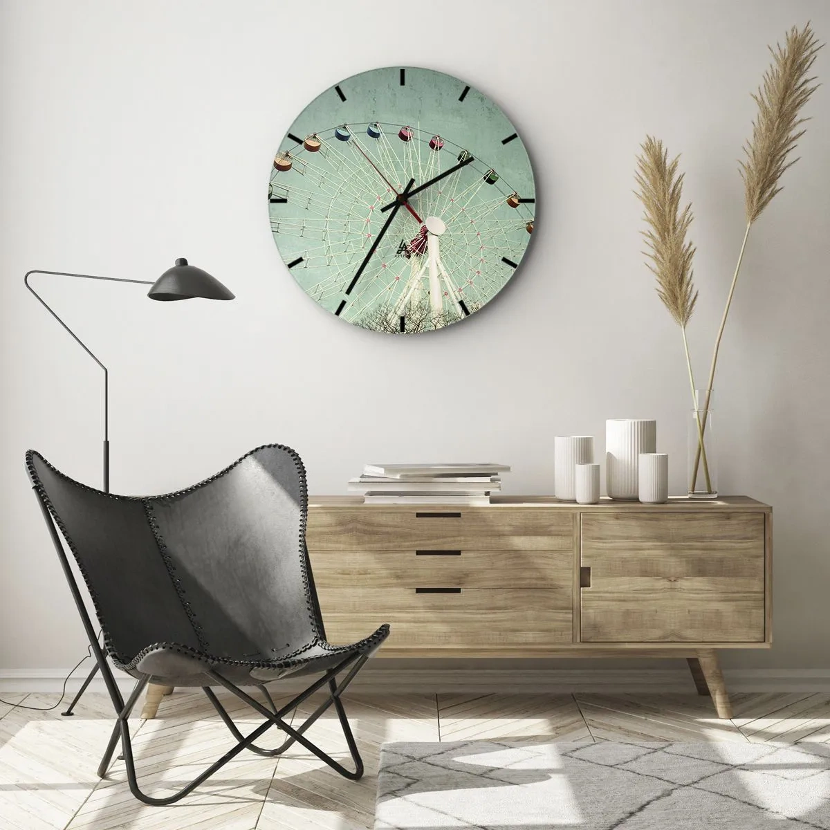 Wanduhr - Glasuhr - Ein buntes Riesenrad auf türkisfarbenem Hintergrund - 30x30cm - Wir laden zum Spiel ein - Moderne Wanddekoration für Wohnzimmer, Küche und Schlafzimmer ARTTOR