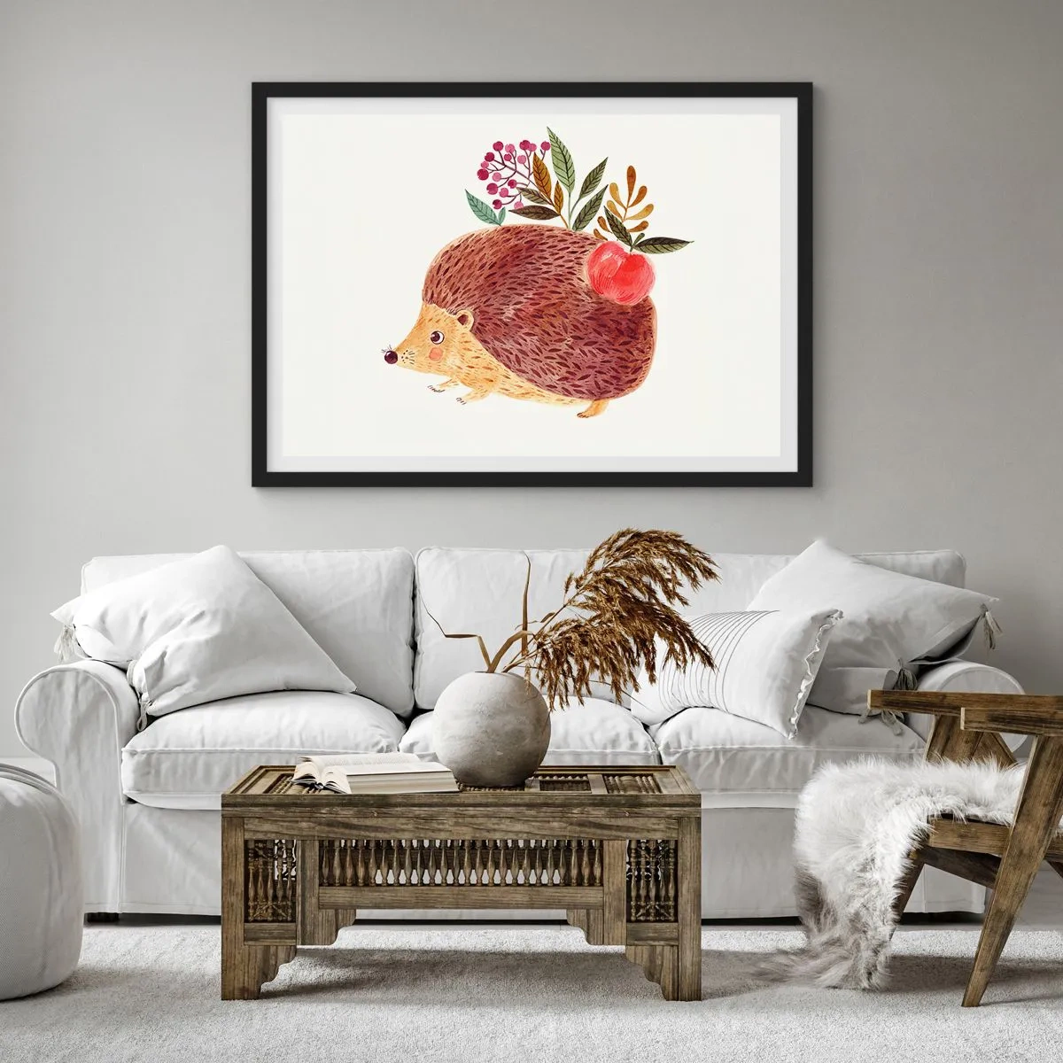 Poster in einem schwarzem Rahmen - Ein süßer Igel mit einem Apfel und Pflanzen im illustrativen Stil - 70x50cm - Und dann magst du mich schon - Moderne Wanddekoration für Wohnzimmer und Schlafzimmer ARTTOR