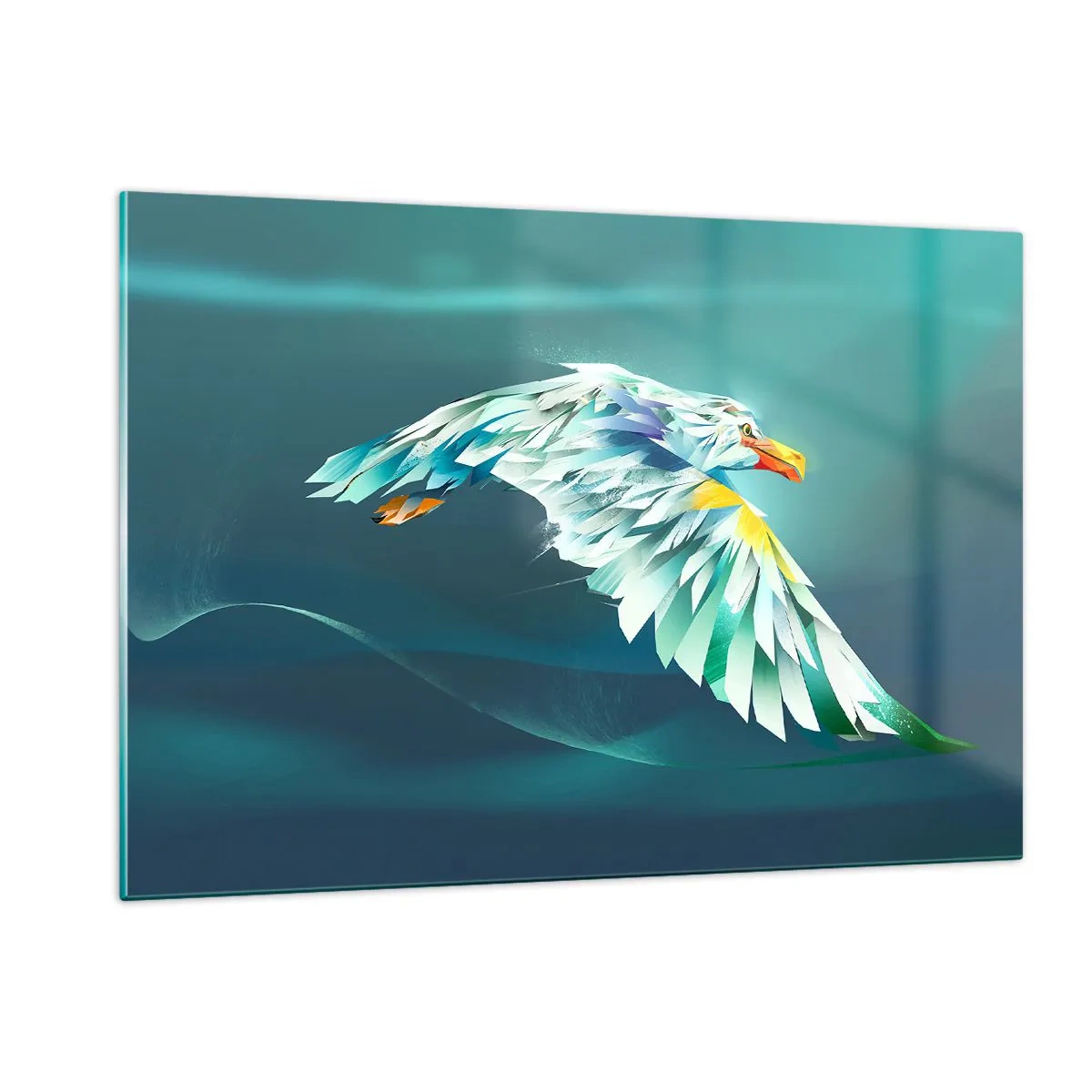 Glasbild - Bild auf glas - Ein abstraktes Bild eines Adlers in Blau- und Weißtönen vor einem Wellenhintergrund. - 120x80cm - Der Adler deiner Flüge ist die Kraft - Moderne Wanddekoration für Wohnzimmer und Schlafzimmer ARTTOR