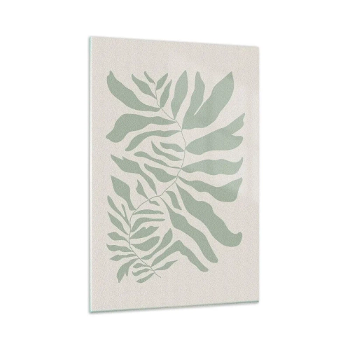 Glasbild - Bild auf glas - Ein zartes Zweigmuster mit Blättern in einem Smaragdgrünton - 80x120cm - Smaragdzweig - Moderne Wanddekoration für Wohnzimmer und Schlafzimmer ARTTOR