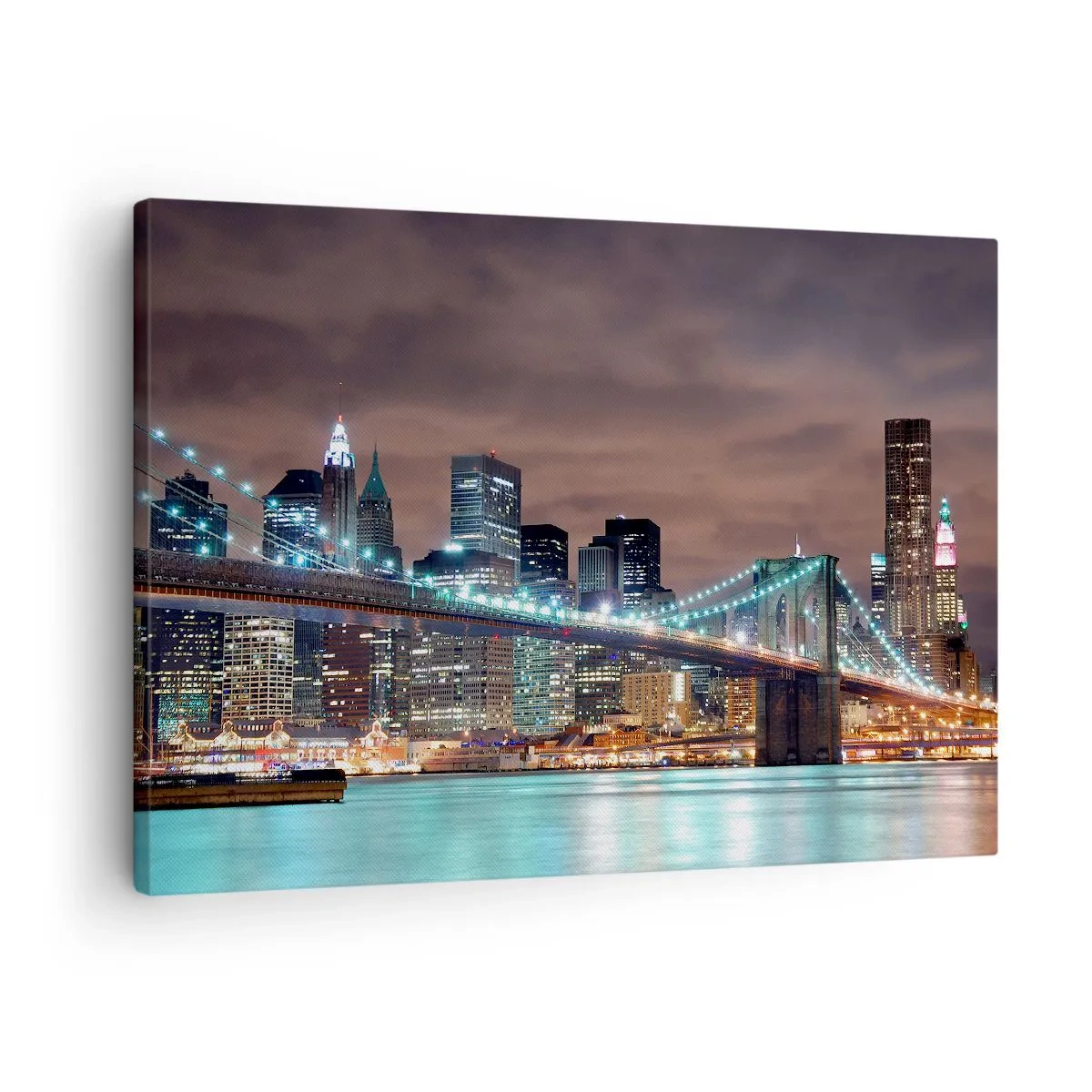 Bild auf Leinwand - Leinwandbild - Die nachts beleuchtete Brücke vor dem Hintergrund des modernen Stadtpanoramas - 70x50cm - Lichter der Großstadt - Moderne Wanddekoration für Wohnzimmer und Schlafzimmer ARTTOR