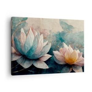 Bild auf Leinwand - Leinwandbild - Dezente Seerosen in Pastelltönen von Blau und Gold - 70x50cm - Seesterne - Moderne Wanddekoration für Wohnzimmer und Schlafzimmer ARTTOR