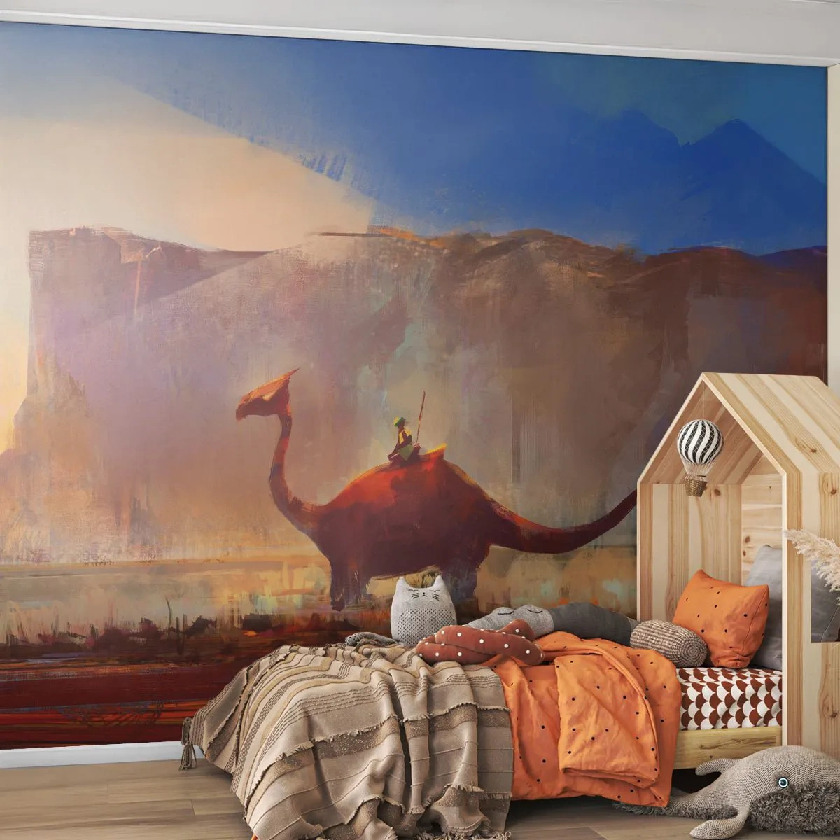 Fototapete Premium Sand - Ein fantastischer Reiter auf einem exotischen Wesen - 100x70cm - Wenn sie nicht ausgestorben wären - Moderne Wanddekoration für Wohnzimmer und Schlafzimmer ARTTOR
