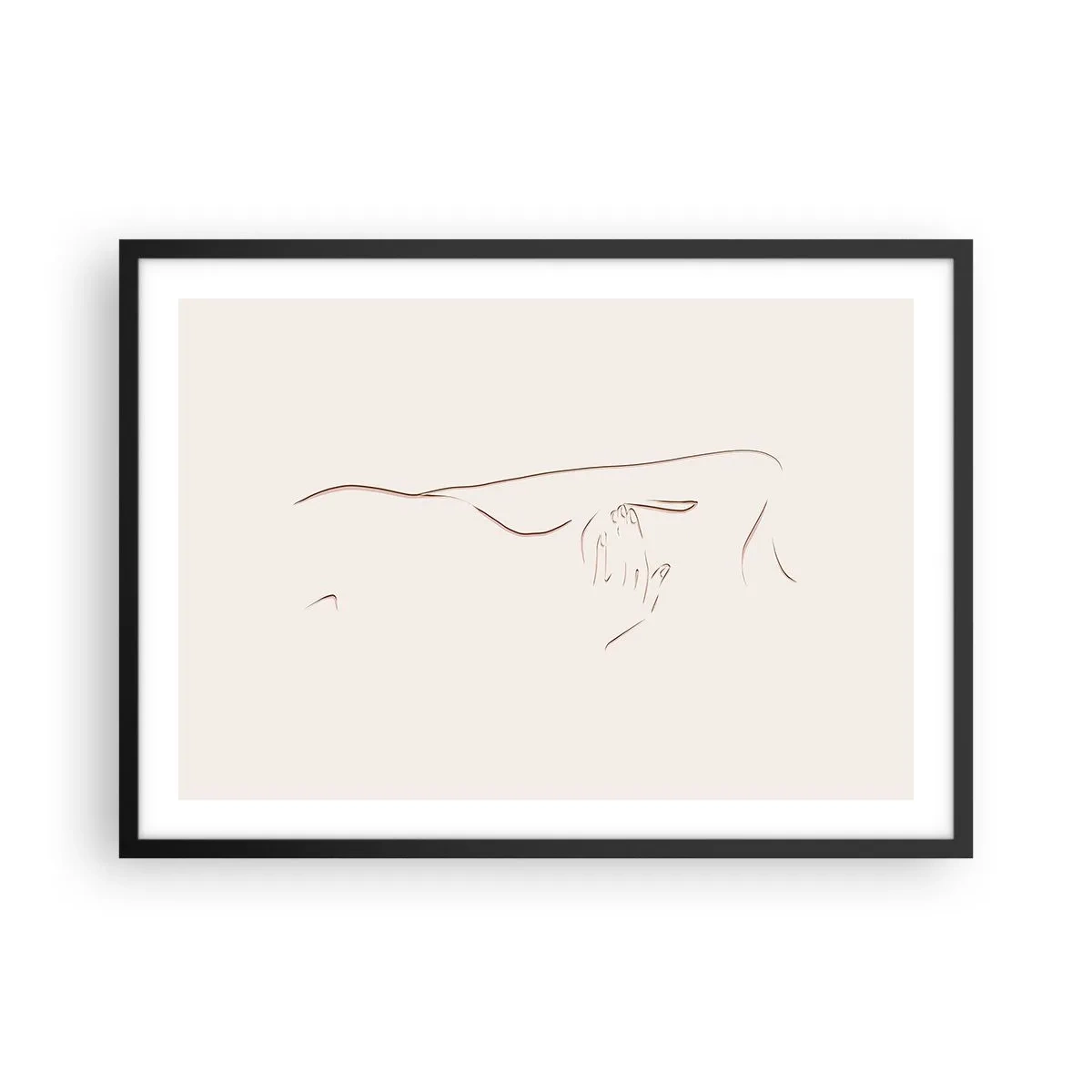 Poster in einem schwarzem Rahmen - Eine subtile Strichzeichnung einer Silhouette vor einem hellen Hintergrund - 70x50cm - Die Form des Verlangens - Moderne Wanddekoration für Wohnzimmer und Schlafzimmer ARTTOR