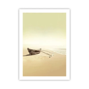 Poster - Ein einsames Holzboot an einem leeren Strand in Pastellfarben. - 50x70cm - Erinnerung an die Südsee - Moderne Wanddekoration für Wohnzimmer und Schlafzimmer ARTTOR