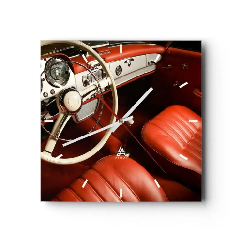 Wanduhr - Glasuhr - Oldtimer-Innenraum mit roten Ledersitzen - 30x30cm - Luxus im Vintagestil - Moderne Wanddekoration für Wohnzimmer und Schlafzimmer ARTTOR