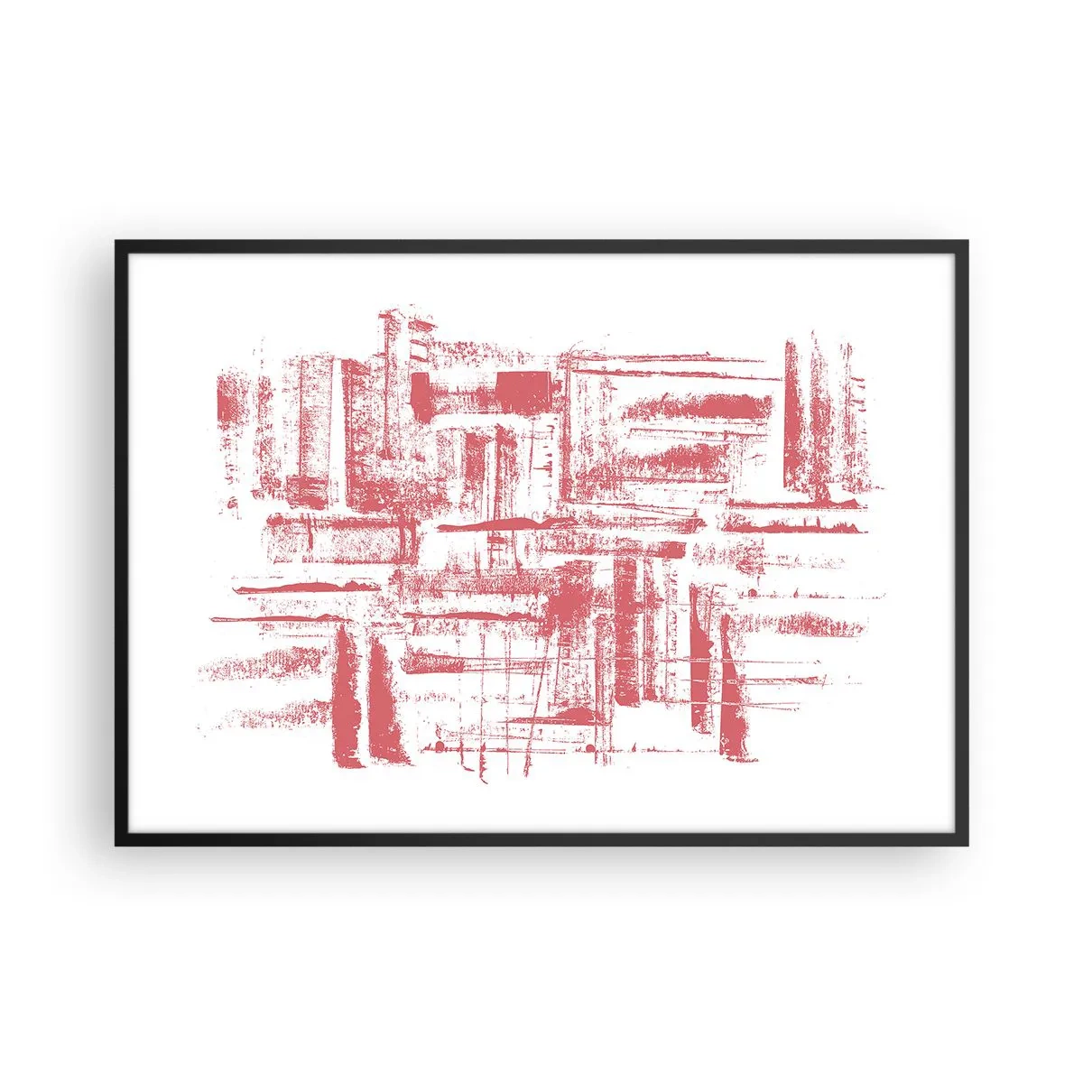 Poster in einem schwarzem Rahmen - Abstrakte rosa Texturen auf weißem Hintergrund - 100x70cm - Die rote Stadt - Moderne Wanddekoration für Wohnzimmer und Schlafzimmer ARTTOR