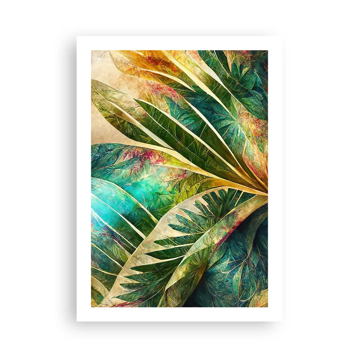 Poster - Eine Blattkomposition in Grün- und Goldtönen - 50x70cm - Farben der Tropen - Moderne Wanddekoration für Wohnzimmer und Schlafzimmer ARTTOR