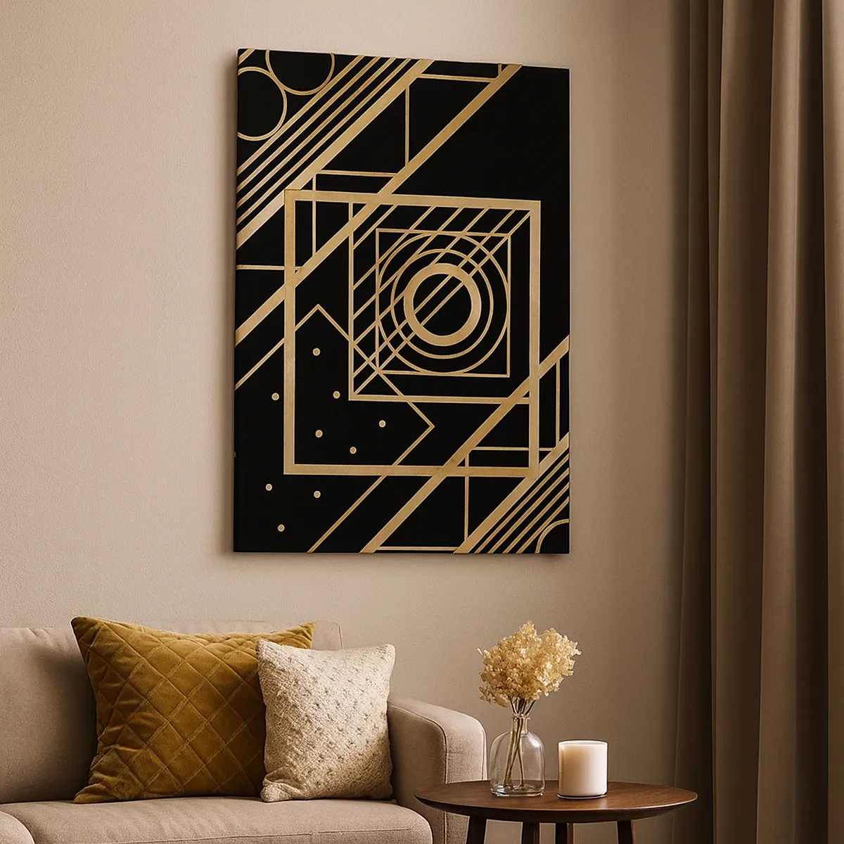 Bild auf Leinwand - Leinwandbild - Goldene geometrische Muster auf schwarzem Hintergrund - 50x70cm - Goldene Geometrie - Moderne Wanddekoration für Wohnzimmer und Schlafzimmer ARTTOR
