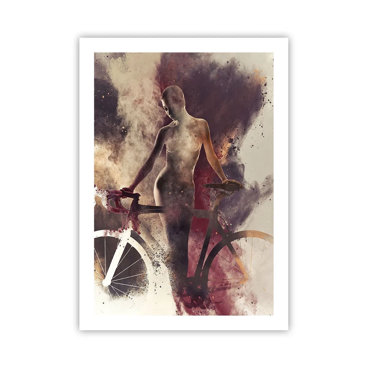 Poster - Silhouette einer Frau mit einem Fahrrad vor einem künstlerischen, rauchigen Hintergrund - 50x70cm - Eine Fahrradseele in Marmorformen - Moderne Wanddekoration für Wohnzimmer und Schlafzimmer ARTTOR