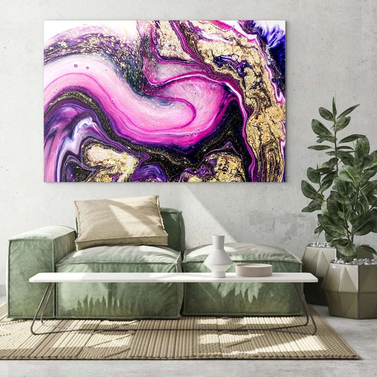 Glasbild - Bild auf glas - Eine abstrakte Komposition in Lila- und Goldtönen. - 70x50cm - Ein Moment hinter den Kulissen - Moderne Wanddekoration für Wohnzimmer und Schlafzimmer ARTTOR