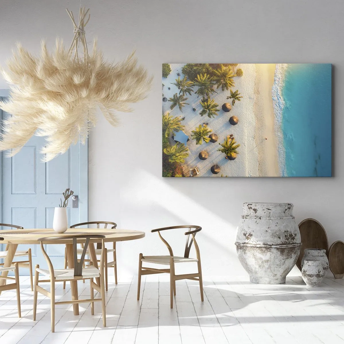 Bild auf Leinwand - Leinwandbild - Blick auf einen tropischen Strand mit Palmen und türkisfarbenem Meer - 120x80cm - Willkommen im Paradies - Moderne Wanddekoration für Wohnzimmer und Schlafzimmer ARTTOR