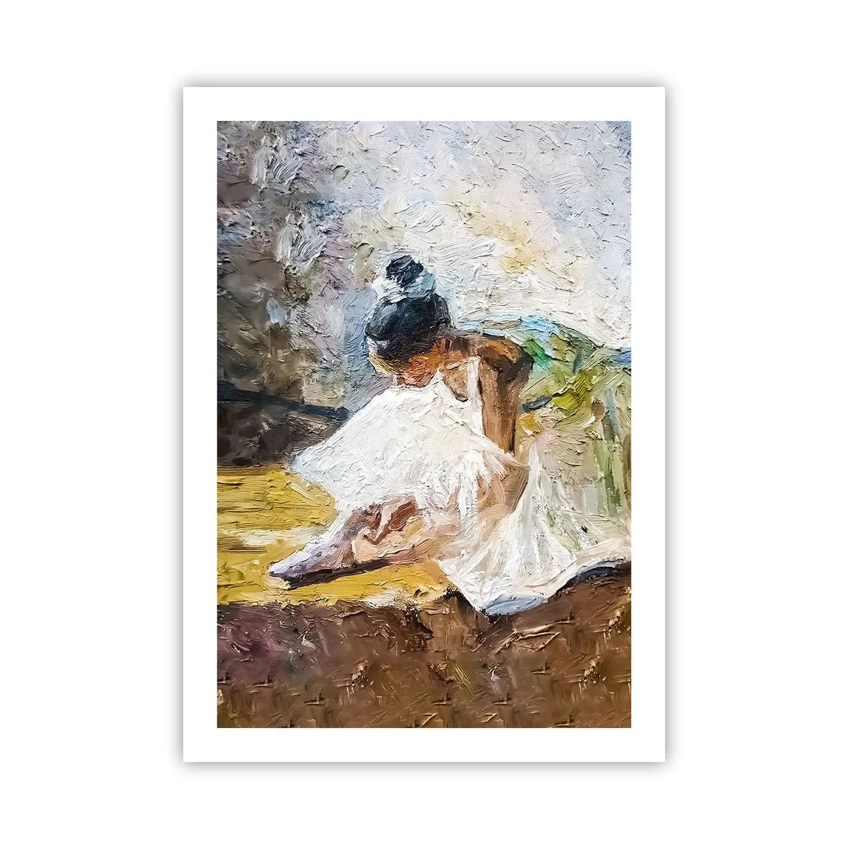 Poster - Eine Ballerina in einem weißen Kleid lehnt vor einer malerischen Kulisse. - 50x70cm - Aus einem Gemälde von Degas - Moderne Wanddekoration für Wohnzimmer und Schlafzimmer ARTTOR