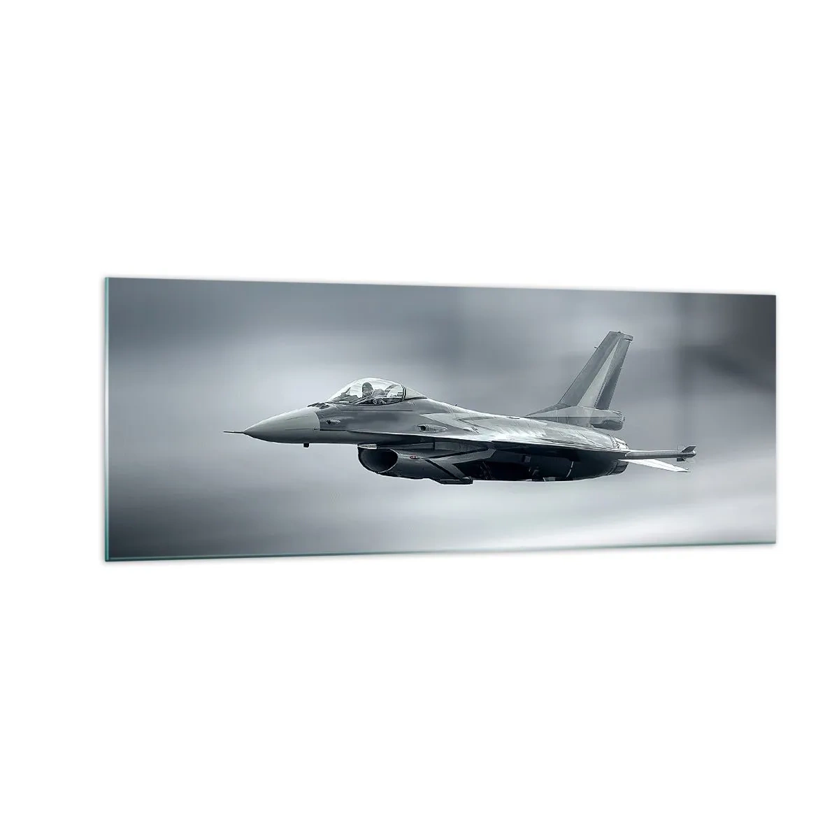 Glasbild - Bild auf glas - Ein Kampfjet im Flug vor einem bewölkten Himmel - 140x50cm - Wirst du herausfordern? - Moderne Wanddekoration für Wohnzimmer und Schlafzimmer ARTTOR