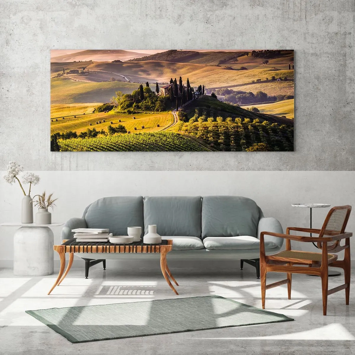 Glasbild - Bild auf glas - Toskanische Landschaft mit Weinbergen und einem Haus auf einem Hügel - 140x50cm - Arkadien - die toskanische Landschaft - Moderne Wanddekoration für Wohnzimmer und Schlafzimmer ARTTOR