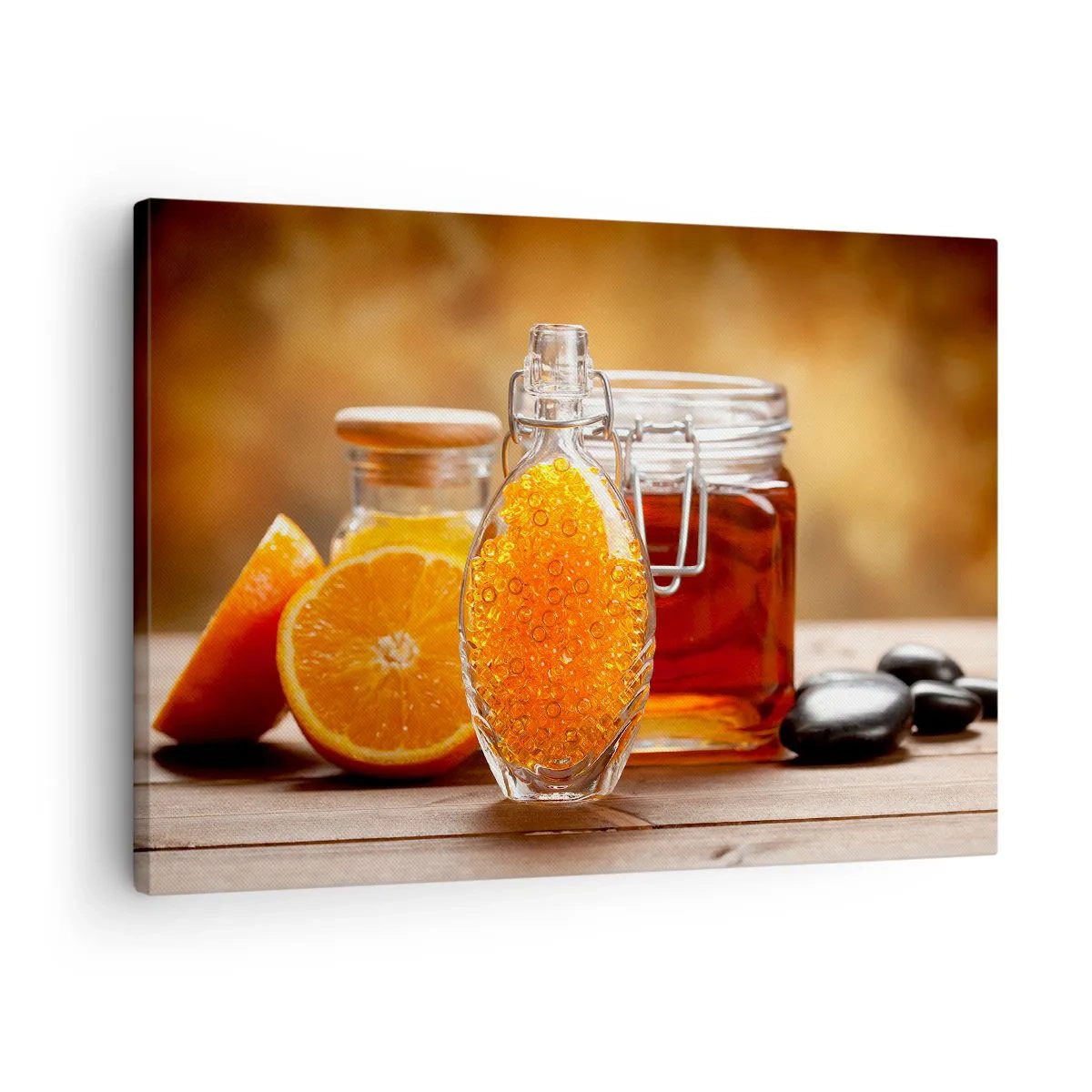 Bild auf Leinwand - Leinwandbild - Eine Flasche bernsteinfarbene Flüssigkeit und frische Orangen - 70x50cm - Sonnige Aromen und Düfte - Moderne Wanddekoration für Wohnzimmer und Schlafzimmer ARTTOR