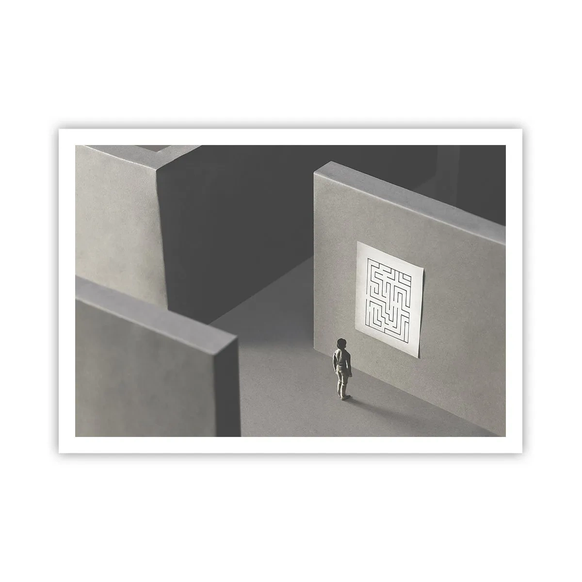 Poster - Eine Figur in einem Labyrinth, die auf eine hängende Karte schaut - 100x70cm - Aber wo bin ich? - Moderne Wanddekoration für Wohnzimmer und Schlafzimmer ARTTOR