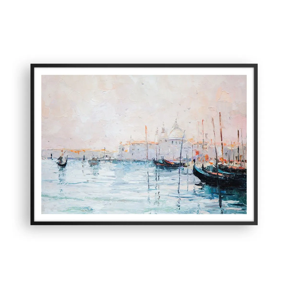 Poster in einem schwarzem Rahmen - Malerischer Blick auf die Kanäle mit pastellfarbenen Booten - 100x70cm - Hinter dem Wasser, hinter dem Nebel - Moderne Wanddekoration für Wohnzimmer und Schlafzimmer ARTTOR