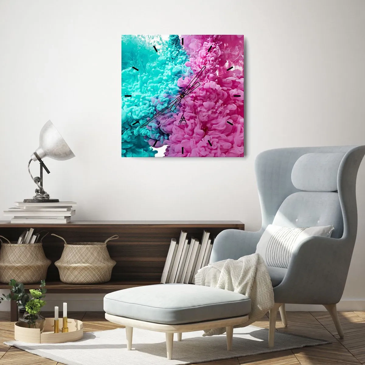 Wanduhr - Glasuhr - Bunte Wellen aus Türkis und Pink in abstrakter Form - 30x30cm - Letzte Begegnung - Moderne Wanddekoration für Wohnzimmer und Schlafzimmer ARTTOR