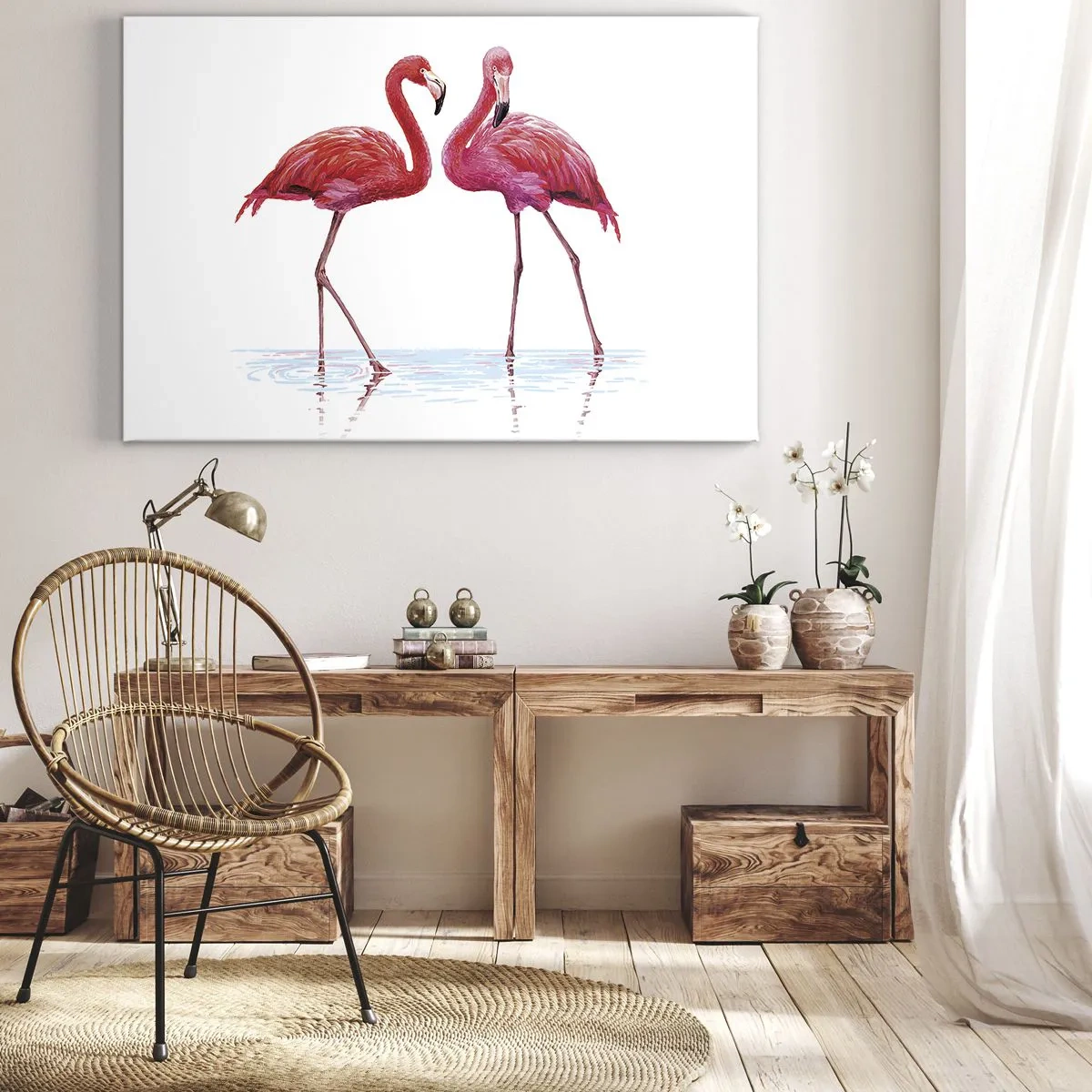 Bild auf Leinwand - Leinwandbild - Ein Flamingopaar im Wasser vor hellem Hintergrund - 120x80cm - Rosa randez-vous - Moderne Wanddekoration für Wohnzimmer und Schlafzimmer ARTTOR