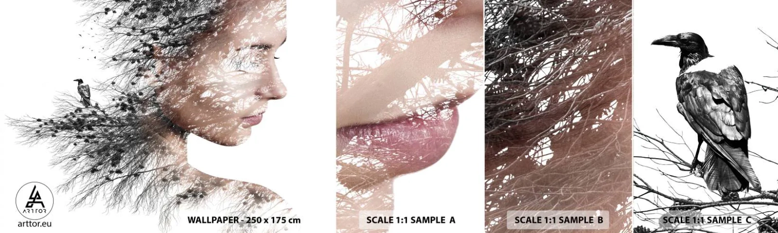 Fototapetenmuster Standard Eco - Der Geist des Waldes - Abstraktion, Das Gesicht einer Frau, Baum - 100x30 cm