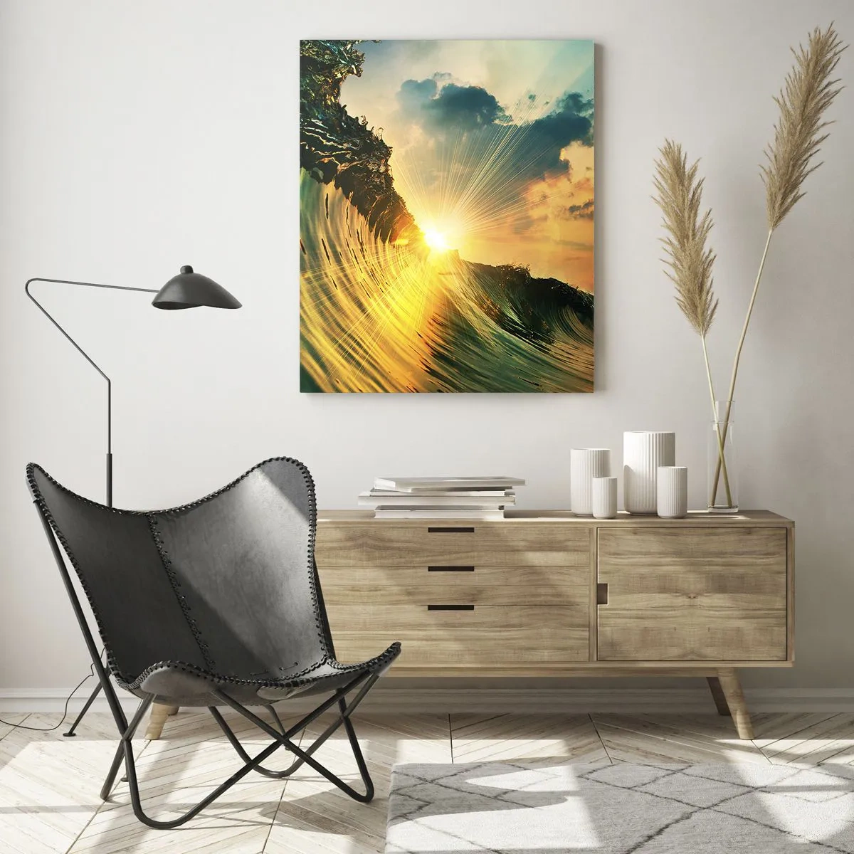 Glasbild - Bild auf glas - Die untergehende Sonne beleuchtet die Meereswellen - 50x70cm - Surfer, wo bist du? - Moderne Wanddekoration für Wohnzimmer und Schlafzimmer ARTTOR