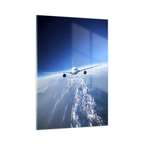 Glasbild - Bild auf glas - Ein Passagierflugzeug vor blauem Himmel und Wolken - 50x70cm - Ich fliege, weil ich es kann - Moderne Wanddekoration für Wohnzimmer und Schlafzimmer ARTTOR