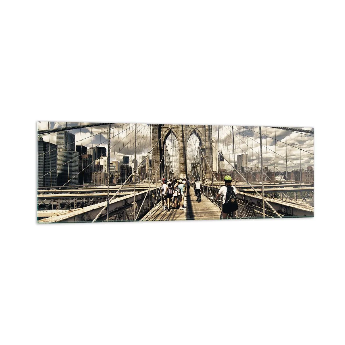 Glasbild - Bild auf glas - Brooklyn Bridge mit Blick auf Fußgänger und Radfahrer - 160x50cm - Direkt ins Herz der Stadt - Moderne Wanddekoration für Wohnzimmer und Schlafzimmer ARTTOR