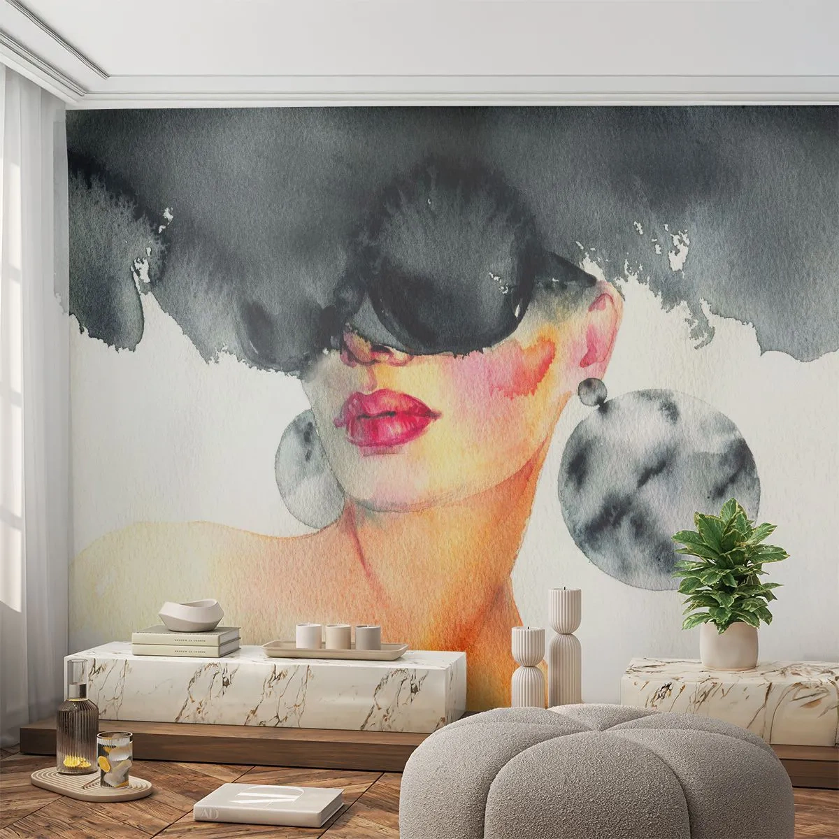 Fototapete Premium Sand - Das Geheimnis der Eleganz - Das Gesicht einer Frau, Frau, Hut - 350x256 cm