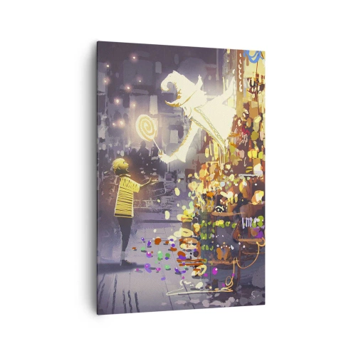 Bild auf Leinwand - Leinwandbild - Eine Märchenfigur und ein Kind auf einer Straße voller Lichter und Magie - 70x100cm - Magie ist da - Moderne Wanddekoration für Wohnzimmer und Schlafzimmer ARTTOR