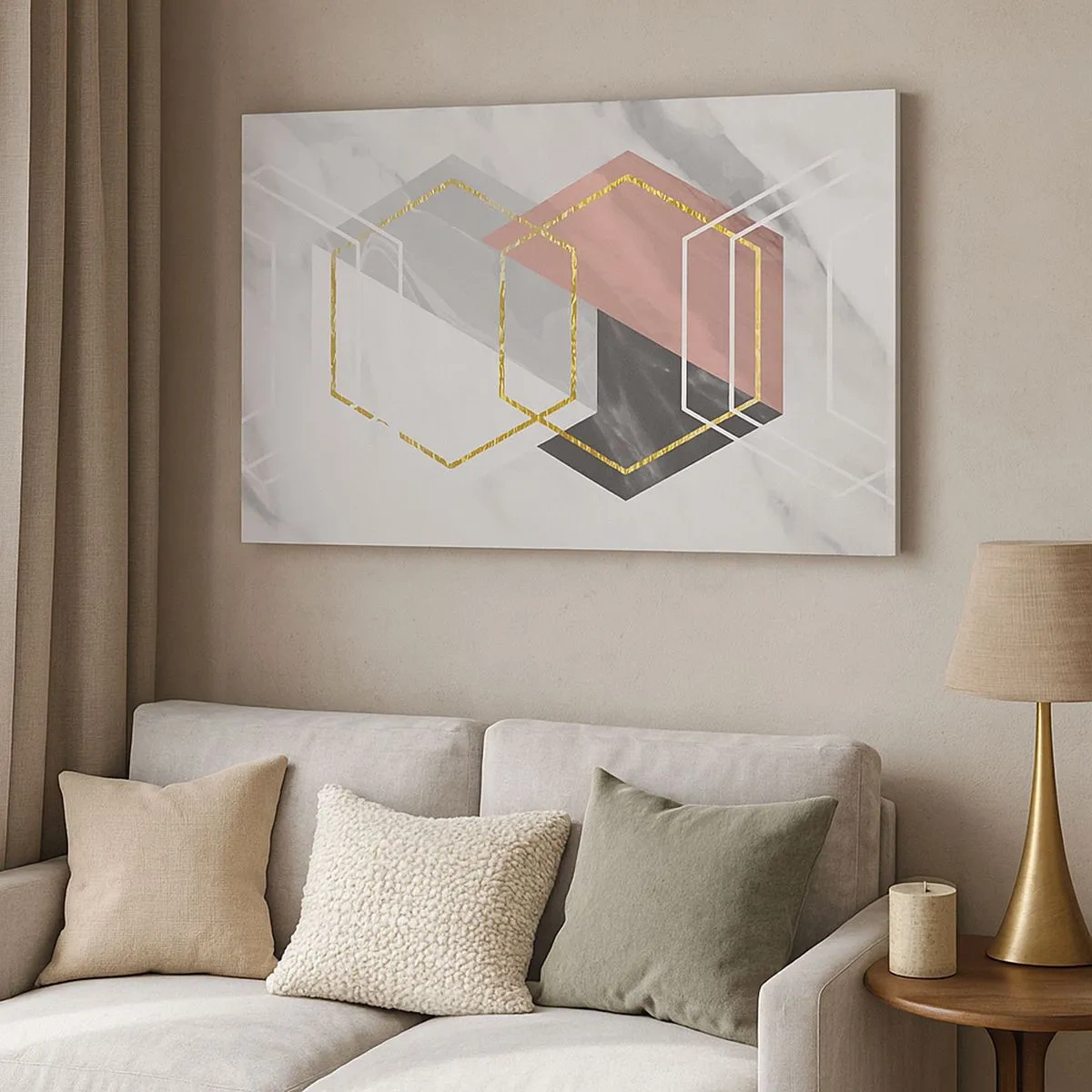 Bild auf Leinwand - Leinwandbild - Geometrische Figuren mit Gold- und Marmorakzenten - 70x50cm - Kettenkomposition - Moderne Wanddekoration für Wohnzimmer und Schlafzimmer ARTTOR