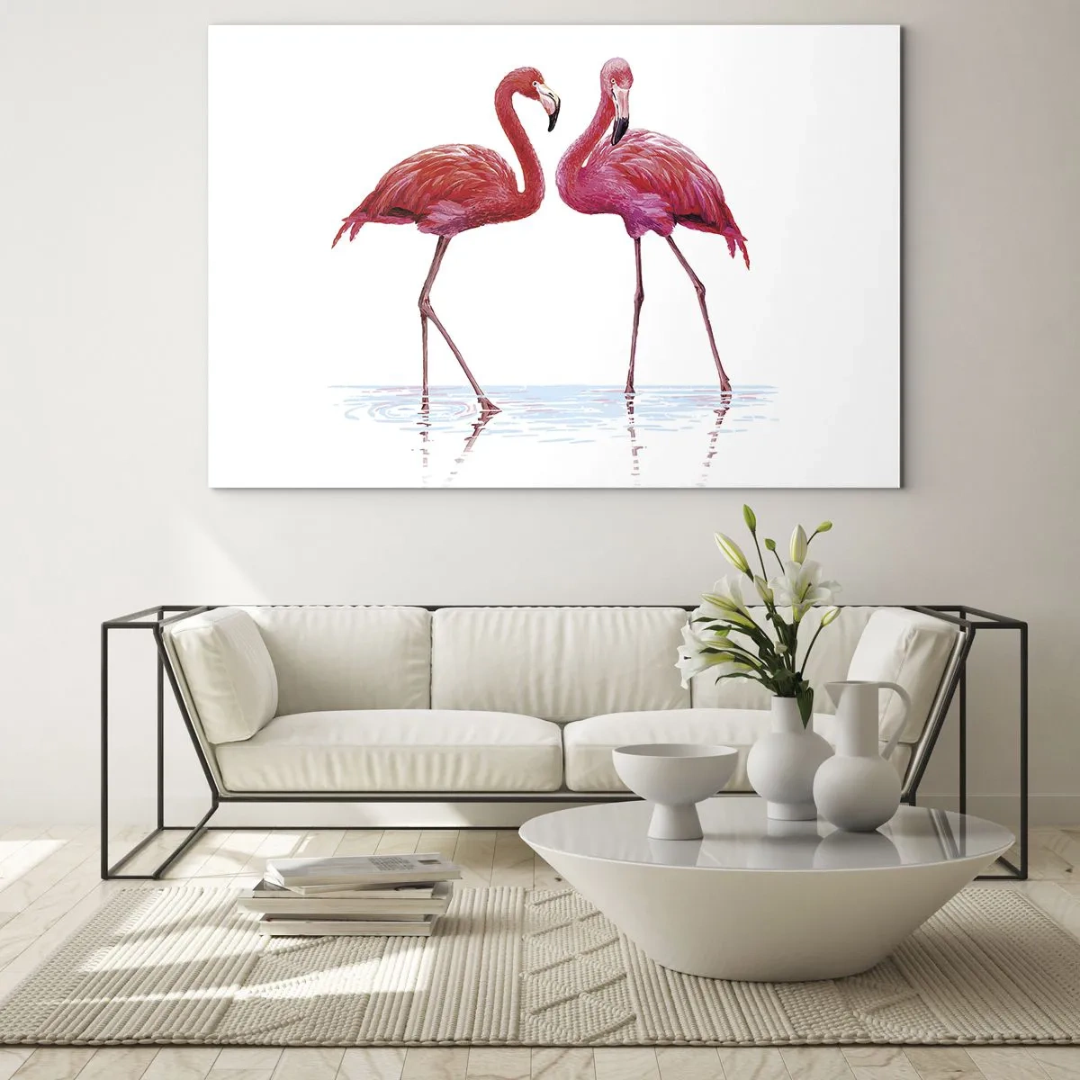 Glasbild - Bild auf glas - Zwei rosa Flamingos stehen im Wasser - 70x50cm - Rosa randez-vous - Moderne Wanddekoration für Wohnzimmer und Schlafzimmer ARTTOR