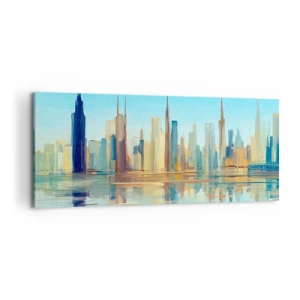 Bild auf Leinwand - Leinwandbild - Ein Panorama der Stadt in warmen Farben mit Spiegelung im Wasser - 120x50cm - Sonnige Metropole - Moderne Wanddekoration für Wohnzimmer und Schlafzimmer ARTTOR