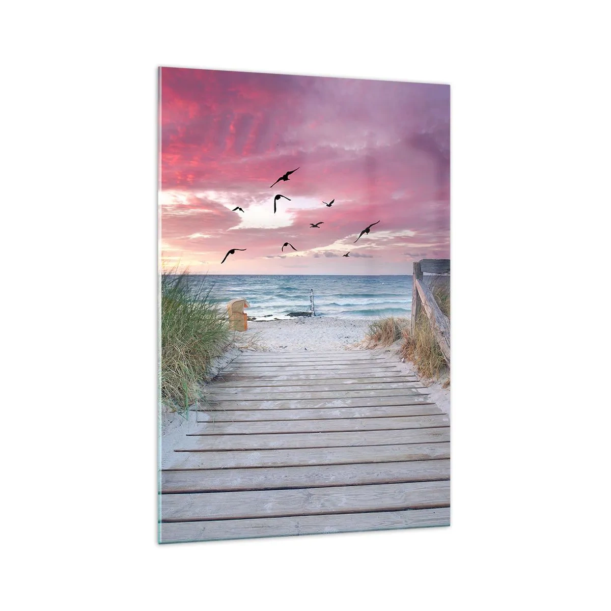 Glasbild - Bild auf glas - Holzweg am Strand bei rosa Sonnenuntergang - 70x100cm - Baltischer Eindruck - Moderne Wanddekoration für Wohnzimmer und Schlafzimmer ARTTOR