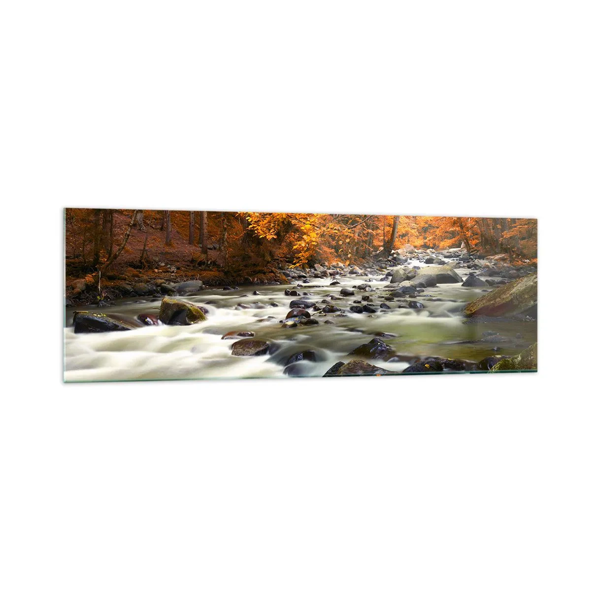 Glasbild - Bild auf glas - Ein Bach in einem herbstlichen Wald, umgeben von goldenen Blättern - 160x50cm - Ein Bach in einem goldenen Wald - Moderne Wanddekoration für Wohnzimmer und Schlafzimmer ARTTOR