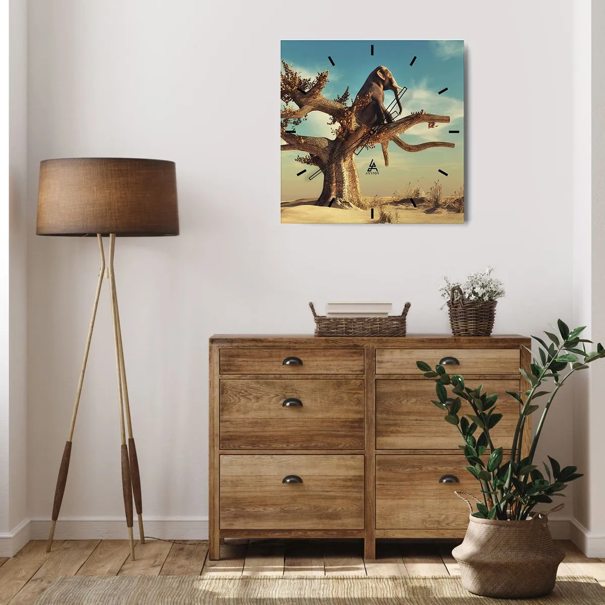 Wanduhr - Glasuhr - Ein Elefant sitzt auf einem Baum in einer surrealen Landschaft - 30x30cm - Ein neuer Standpunkt - Moderne Wanddekoration für Wohnzimmer und Schlafzimmer ARTTOR