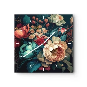 Wanduhr - Glasuhr - Eine farbenfrohe Blumenkomposition auf dunklem Hintergrund - 30x30cm - Charme des 19. Jahrhunderts - Moderne Wanddekoration für Wohnzimmer und Schlafzimmer ARTTOR