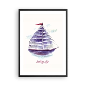 Poster in einem schwarzem Rahmen - Aquarell-Illustration eines Segelschiffs auf ruhigem Wasser - 50x70cm - Volle Segel und ruhiges Wasser - Moderne Wanddekoration für Wohnzimmer und Schlafzimmer ARTTOR