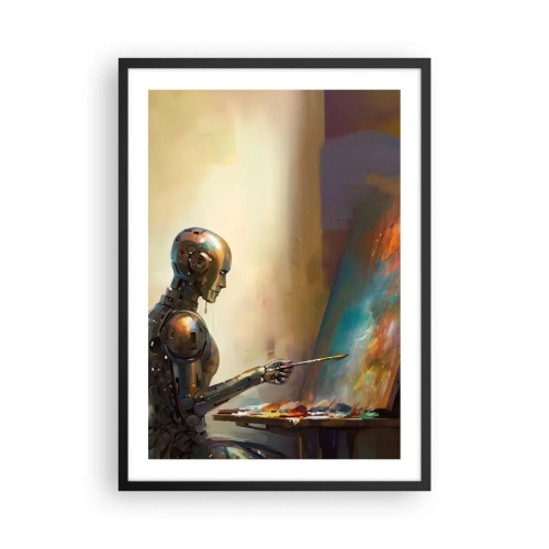 Poster in einem schwarzem Rahmen - Robotermaler an einer Staffelei im futuristischen Stil - 50x70cm - Die Kunst der Zukunft - Moderne Wanddekoration für Wohnzimmer und Schlafzimmer ARTTOR