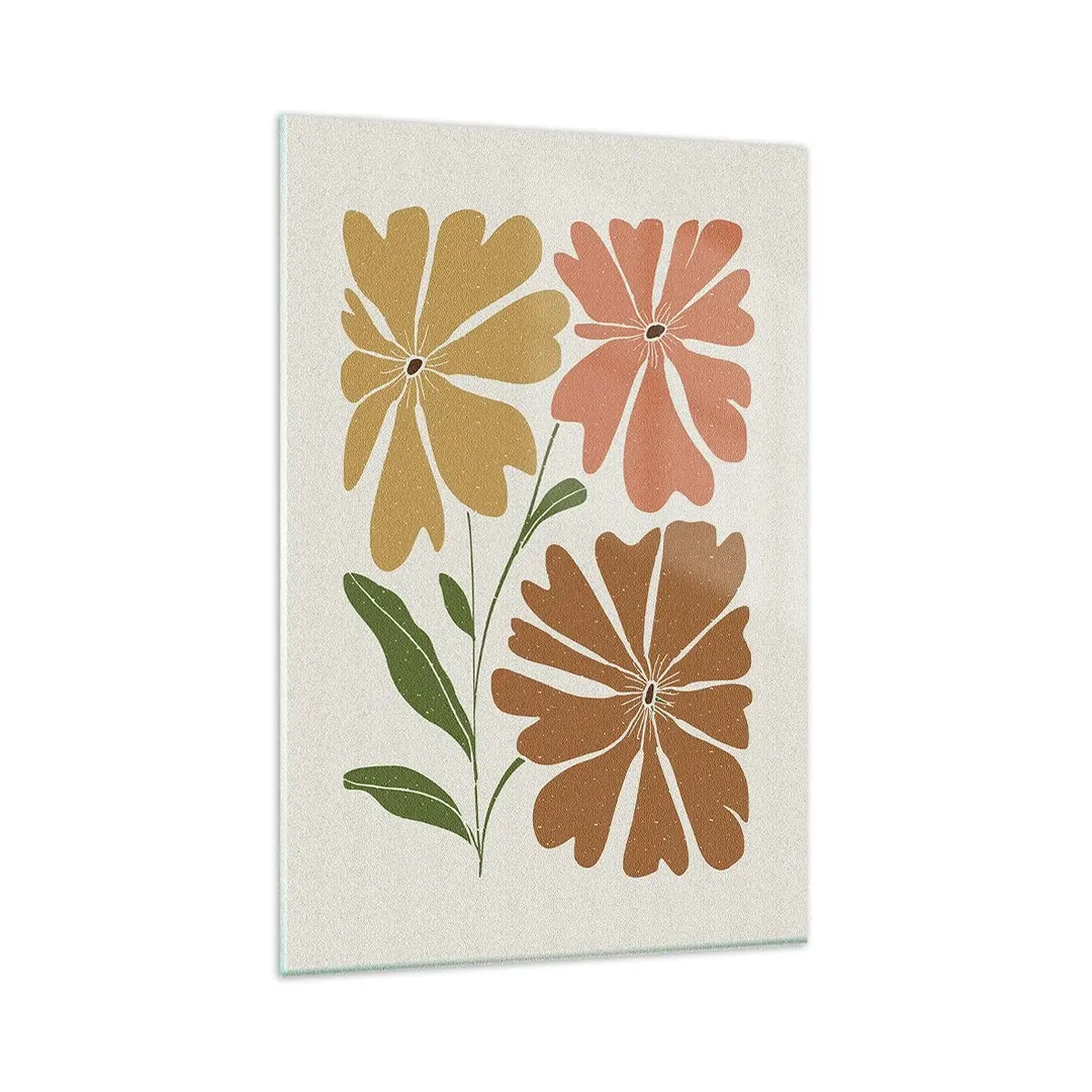 Glasbild - Bild auf glas - Drei Blumen in warmen Farben auf hellem Hintergrund - 80x120cm - Natur und Geometrie - Moderne Wanddekoration für Wohnzimmer und Schlafzimmer ARTTOR