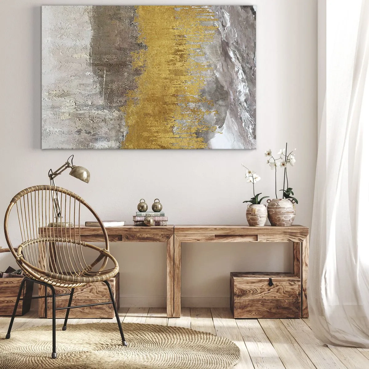 Bild auf Leinwand - Leinwandbild - Abstraktes Muster in Gold und Beige - 100x70cm - Goldene Explosion - Moderne Wanddekoration für Wohnzimmer und Schlafzimmer ARTTOR