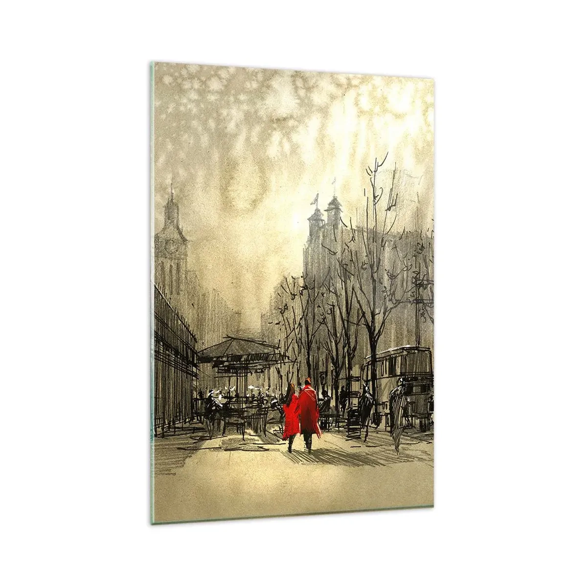 Glasbild - Bild auf glas - Eine rote Figur in einer nostalgischen urbanen Umgebung - 80x120cm - Ein Date im Londoner Nebel - Moderne Wanddekoration für Wohnzimmer und Schlafzimmer ARTTOR