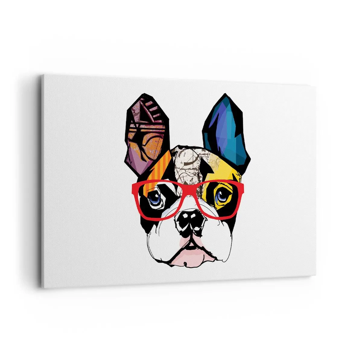 Bild auf Leinwand - Leinwandbild - Bulldogge in einer bunten Illustration mit roter Brille - 100x70cm - Intellektuelle - Moderne Wanddekoration für Wohnzimmer und Schlafzimmer ARTTOR