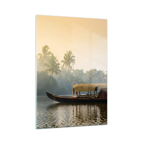 Glasbild - Bild auf glas - Ein Boot auf einem ruhigen Fluss, umgeben von Palmen am Morgen - 50x70cm - Haus am Fluss - Moderne Wanddekoration für Wohnzimmer und Schlafzimmer ARTTOR