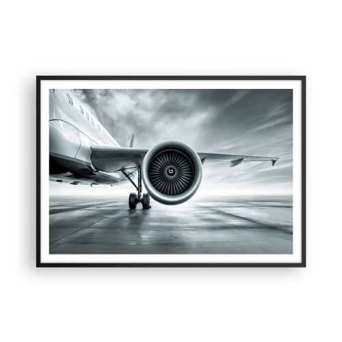 Poster in einem schwarzem Rahmen - Das Düsentriebwerk eines Flugzeugs auf dem Rollfeld - 100x70cm - Die Macht ist da! - Moderne Wanddekoration für Wohnzimmer und Schlafzimmer ARTTOR