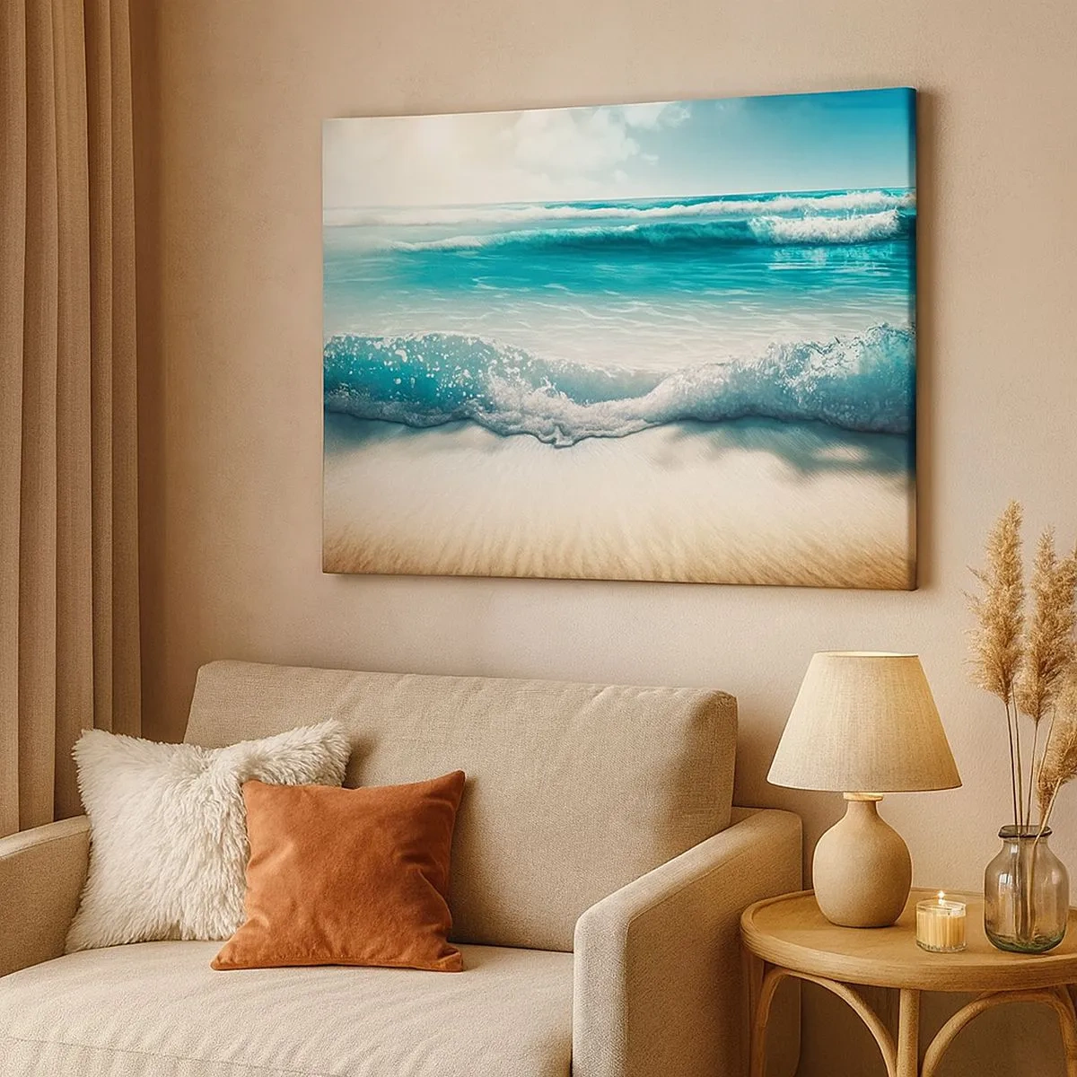 Bild auf Leinwand - Leinwandbild - Meereswellen an einem hellen Sandstrand - 70x50cm - Frieden des Ozeans - Moderne Wanddekoration für Wohnzimmer und Schlafzimmer ARTTOR