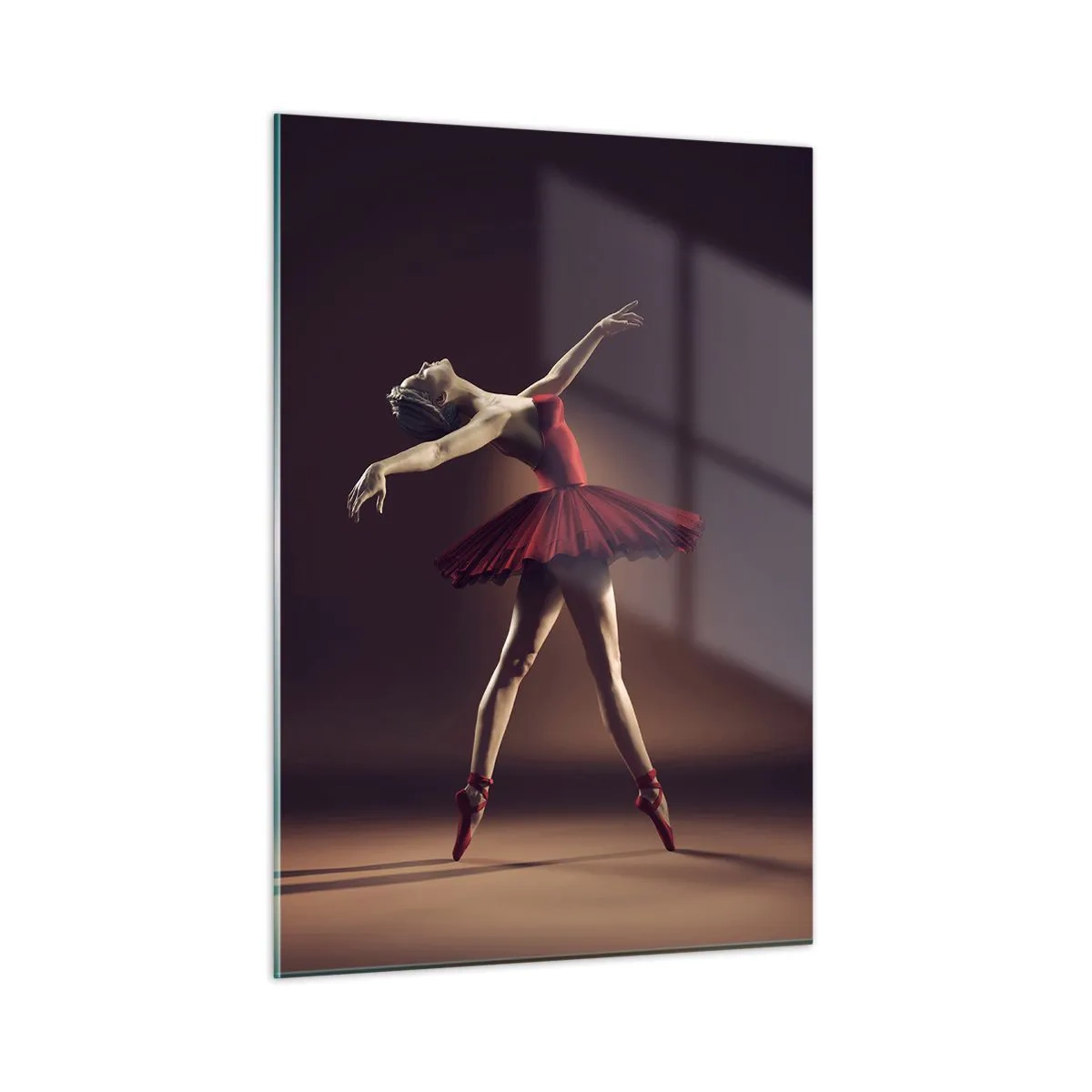 Glasbild - Bild auf glas - Eine Ballerina im roten Kleid in dynamischer Pose - 50x70cm - Eine Primaballerina - Moderne Wanddekoration für Wohnzimmer und Schlafzimmer ARTTOR