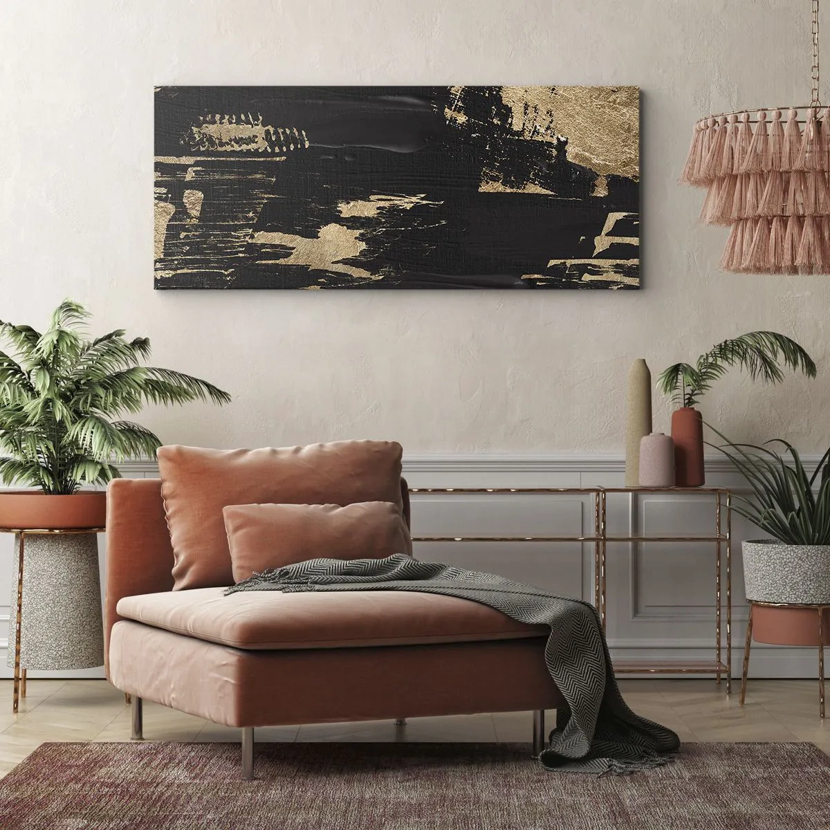 Bild auf Leinwand - Leinwandbild - Abstrakte Komposition in Schwarz- und Goldtönen - 120x50cm - Spur einer Berührung - Moderne Wanddekoration für Wohnzimmer und Schlafzimmer ARTTOR